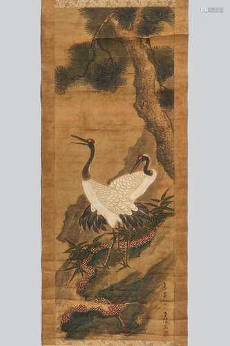 A SCROLL PAINTING OF TWO RED-CROWNED CRANES AND PINE TREE