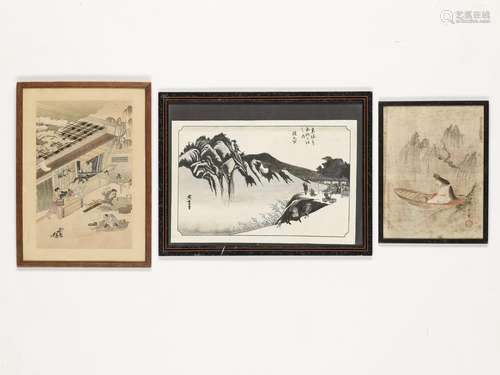 A GROUP OF TWO PAINTINGS AND ONE WOODBLOCK PRINT