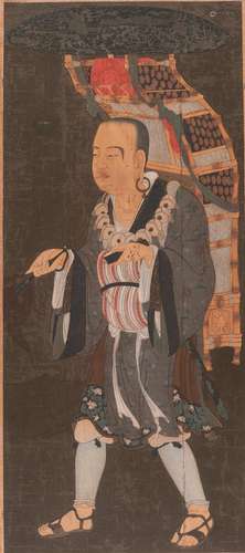 A HAND-COLORED WOODBLOCK PRINT DEPICTING XUANZANG