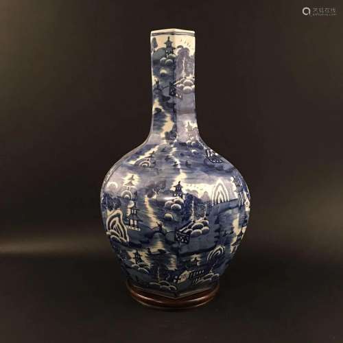 Chinese Blue-White 'Landscape' Hexagon Porcelain V...