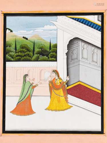 AN INDIAN MINIATURE PAINTING OF A NAYIKA AND HER SAKHI