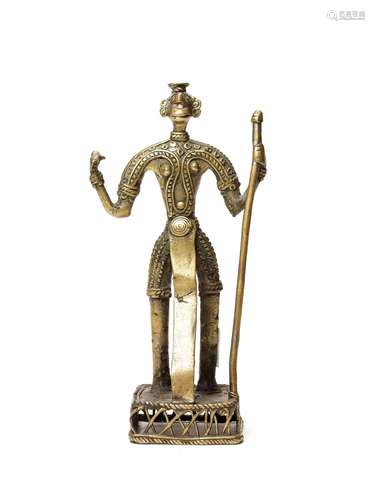 A BASTAR BRONZE OF A FEMALE DEITY WITH A CEREMONIAL STAFF