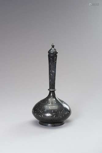 AN INDO-PERSIAN MUGHAL STYLE BRONZE AND SILVER FLASK WITH ST...