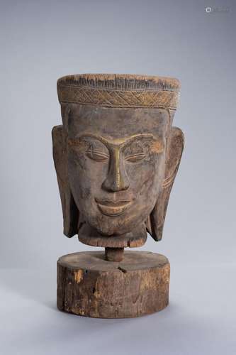 A LARGE WOOD HEAD OF BUDDHA