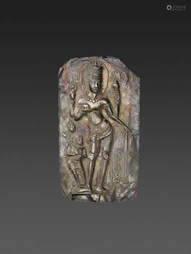 A LARGE CHAM SILVER REPOUSSÉ PLAQUE DEPICTING VISHNU AND CHI...