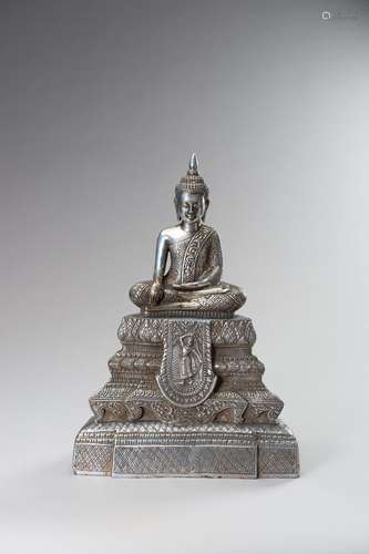 A LARGE SILVERED BRONZE FIGURE OF BUDDHA SHAKYAMUNI