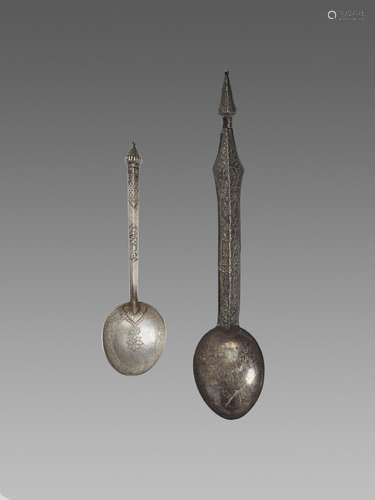 TWO LARGE CAMBODIAN SILVER SPOONS