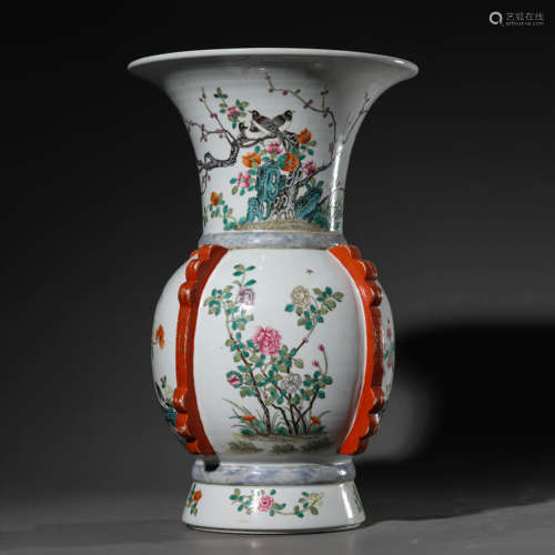 Famille Rose Flower and Bird Beaker Vase