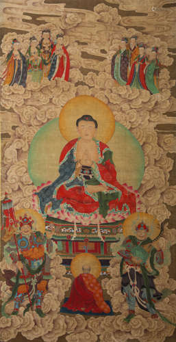 Chinese Buddha Painting Silk Scroll, Anonymous