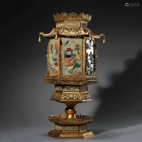 Gems Inlaid Gilt Bronze Court Lamp