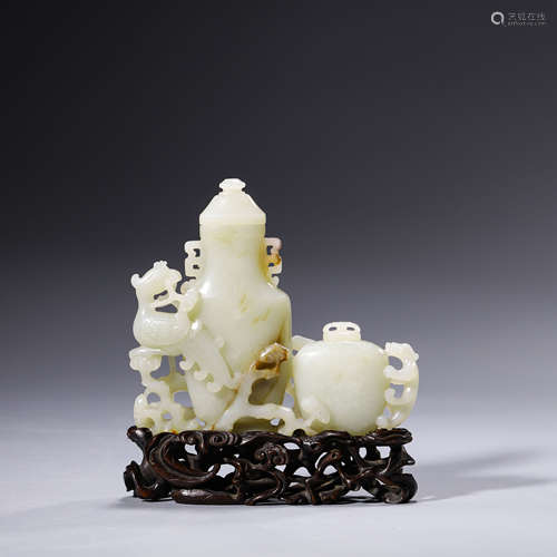 Carved White Jade Dragon and Phoenix Ornament