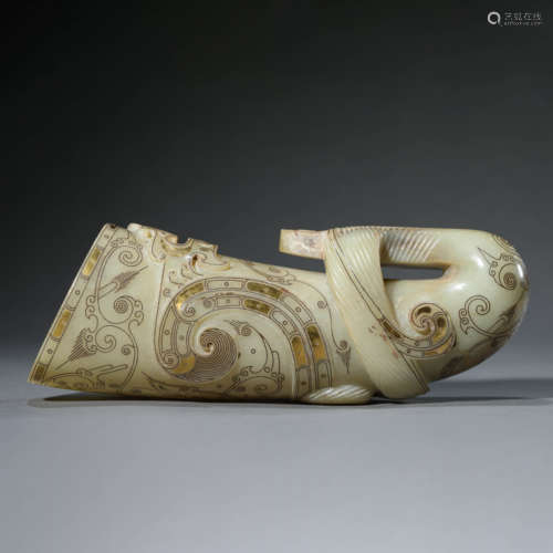 Carved Gold and Silver Inlaying Jade Rhyton-Form Cup