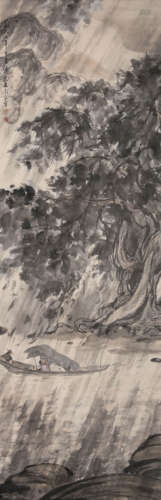 Chinese Figure and Landscape Painting Paper Scroll, Fu Baosh...