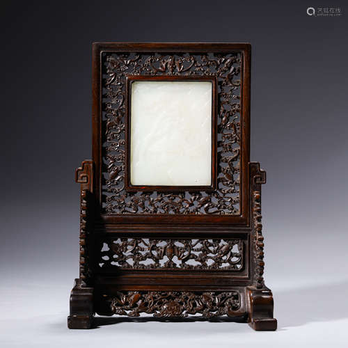 Carved White Jade Fu&Shou Table Screen