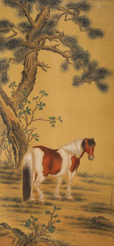 Chinese Horse Painting Silk Scroll, Lang Shining Mark