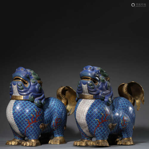 Pair of Cloisonné Enamel Lion-Form Censers