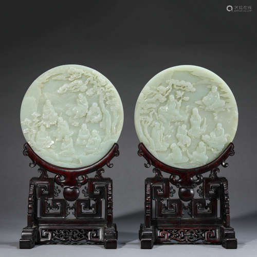 Pair of Chinese White Jade 17 Arhats Table Screens