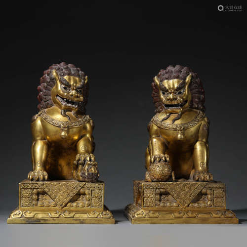 Pair of Gilt Bronze Lions