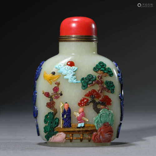 Gems Inlaid Jade Figure and Pine Snuff Bottle