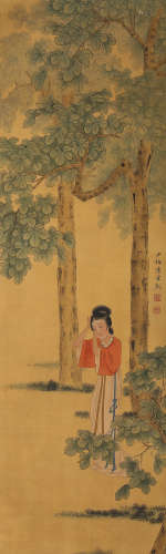 Chinese Figure Painting Silk Scroll, Chen Shaomei Mark