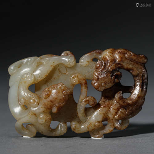 Carved Brownish Jade Chilong Plaque Pendant