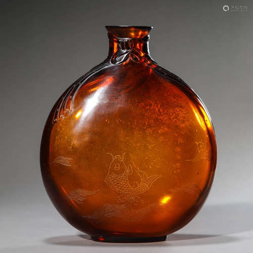 Inscribed Amber Glass Twin-Fish Moon Flask