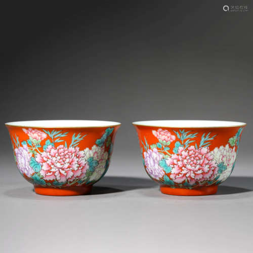 Pair of Coral-Red Glaze Famille Rose Flower Bowls