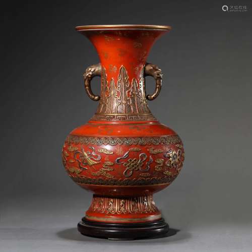 Gilt Decorated and Coral-Red Glaze Beast-Eared Vase