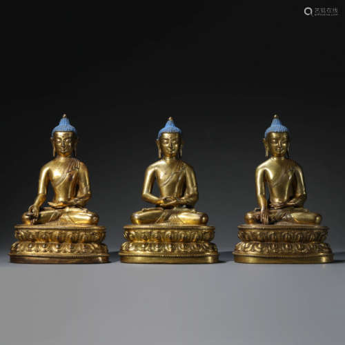 Three Gilt Bronze Figures of Shakyamuni