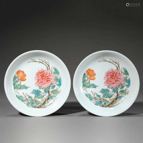 Pair of Famille Rose Flower Plates