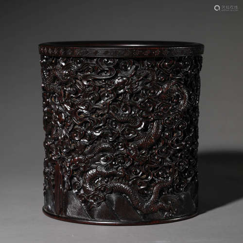 Carved Sandalwood Dragon and Cloud Brush Pot