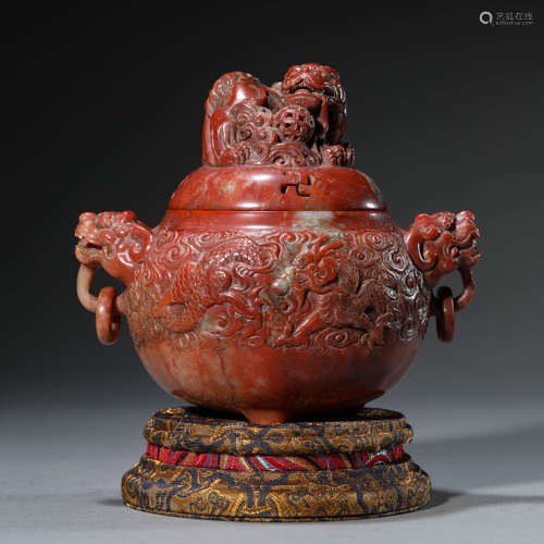 Carved Shoushan Stone Censer and Cover