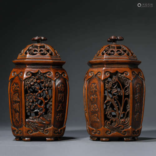 Pair of Carved Wood Figures Jars and Covers