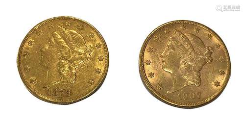 Deux Pièces de 20 Dollars or 1878 et 1907