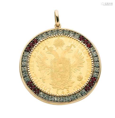 Pendentif en or jaune 14K (585/°°), centré d une pièce de 4 ...