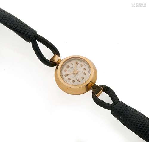 Montre de dame en or jaune 18K (750/°°), bracelet cuir noir