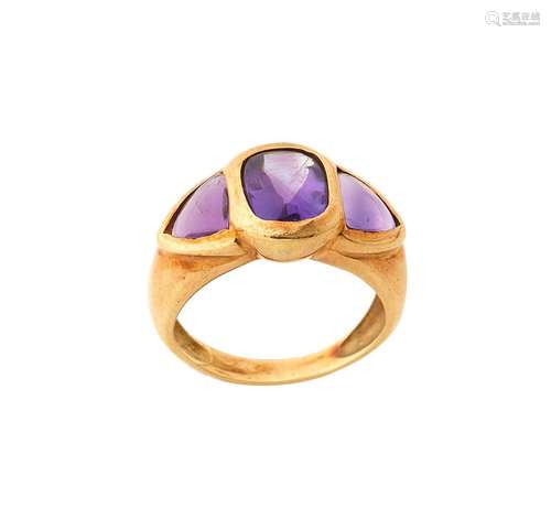 Bague jonc en or jaune 18K (750/°°), ornée d amethystes en s...