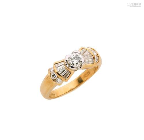 Bague en or jaune 18K (750/°°), ornée d un diamant taille br...