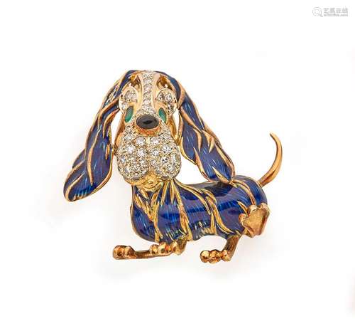 Broche Chien en or jaune 18K (750/°°), ornée d émail bleu, l...