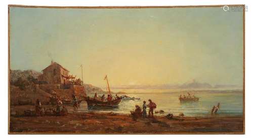 Paul BISTAGNÉ (1850-1886) Retour de pêche Huile sur toile si...