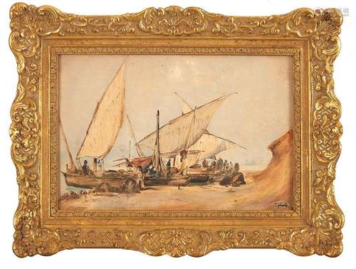 Théodore GUDIN (1802-1880) Voiliers sur la grève Aquarelle s...