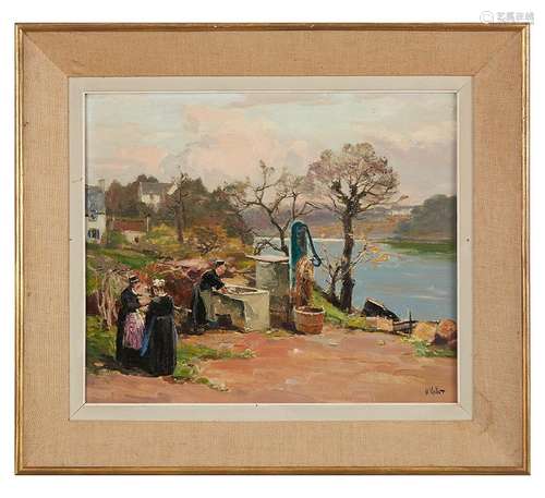 Henry Emile VOLLET (1861-1945) Lavoir en bord de rivière Hui...