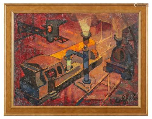 Louis TOFFOLI (1907-1999) Les locomotives Huile sur toile si...