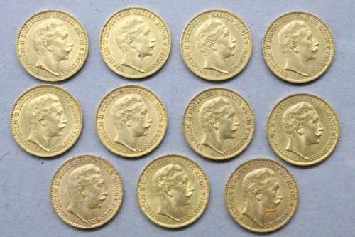 Lot de onze pièces en or 20 Mark Wilhelm II (1909 A x3, 1910...