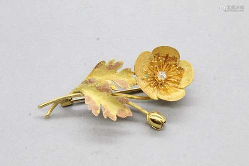 Broche fleur en or jaune et rose 14k (585) ornée d'un di...