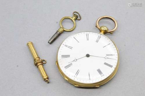 Montre de gousset à clé en or jaune 18k (750), cadran émaill...