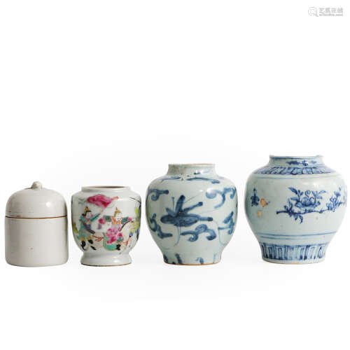 二十世纪 各式青花花卉粉彩白釉罐四件