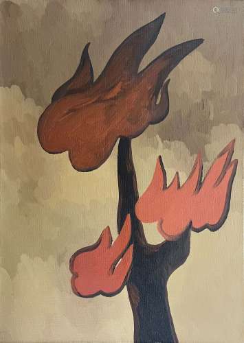 闫冰  红成火的树 布面油画