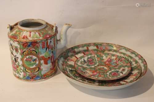 Chinese Rose Medallion Teapot and Plates