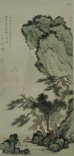 Chinese ink Color Landscape Scroll w Calligraphy